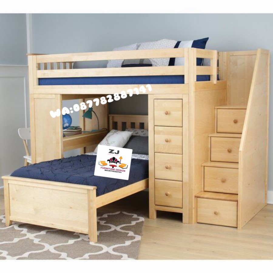 Ranjang tidur tingkat +laci tangga+lemari kayu jati belandaa - semua warna, All Size